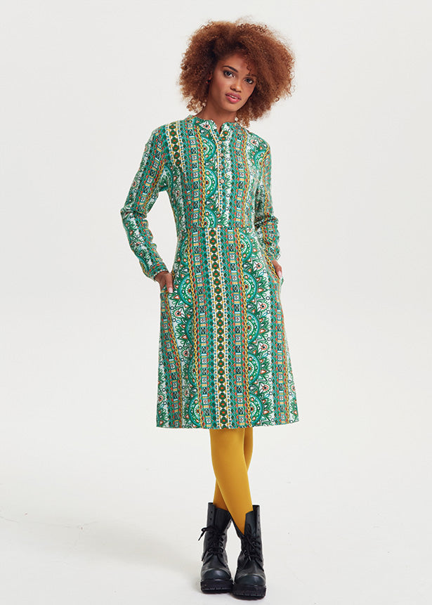 Ethnic Print Mandarin Collar Tie Back Green Dress