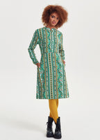 Ethnic Print Mandarin Collar Tie Back Green Dress