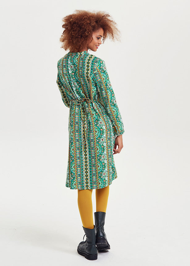 Ethnic Print Mandarin Collar Tie Back Green Dress