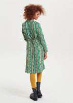 Ethnic Print Mandarin Collar Tie Back Green Dress