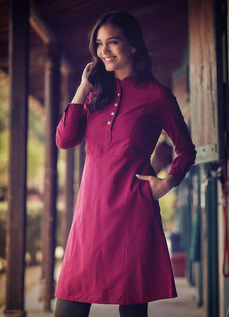 Mandarin Collar Tie Back Long Sleeve Red Dress