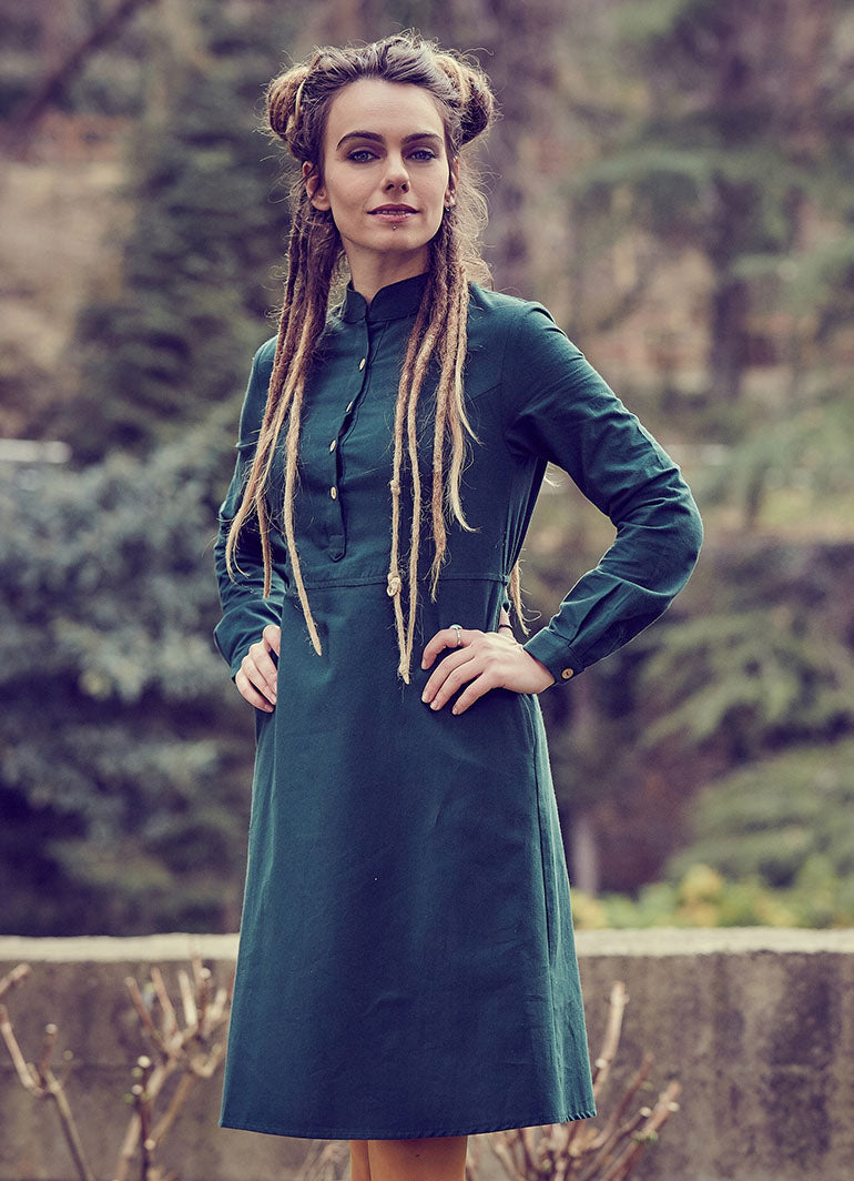 Mandarin Collar Long Sleeve Tie Back Green Dress
