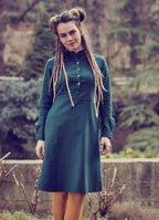 Mandarin Collar Long Sleeve Tie Back Green Dress