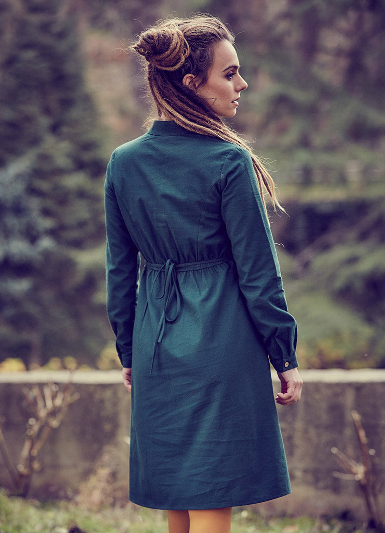 Mandarin Collar Long Sleeve Tie Back Green Dress