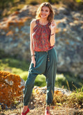 Button Closure Elastic Waist Pocket Detail Wrap Front Harem Pants