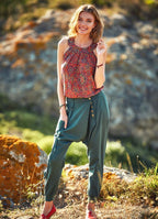 Button Closure Elastic Waist Pocket Detail Wrap Front Harem Pants