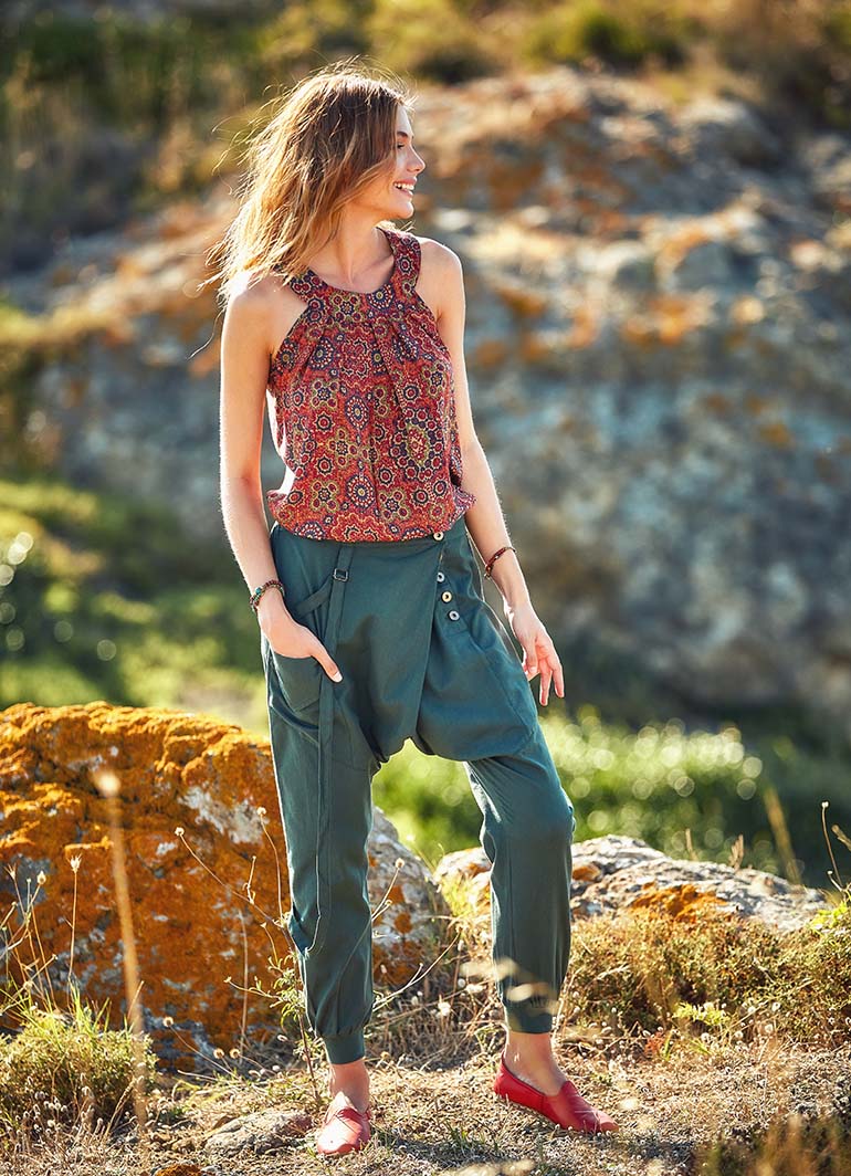 Button Closure Elastic Waist Pocket Detail Wrap Front Harem Pants
