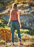 Button Closure Elastic Waist Pocket Detail Wrap Front Harem Pants