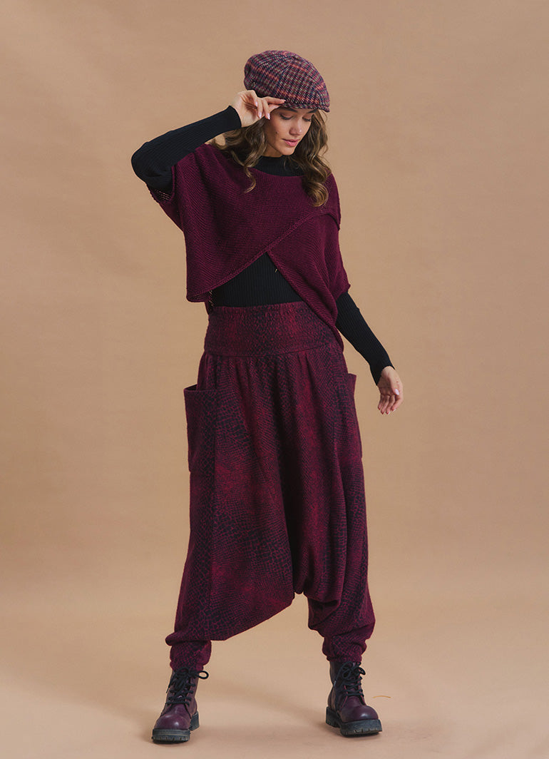 Shirred Waist Pocket Detail Burgundy Harem Pants