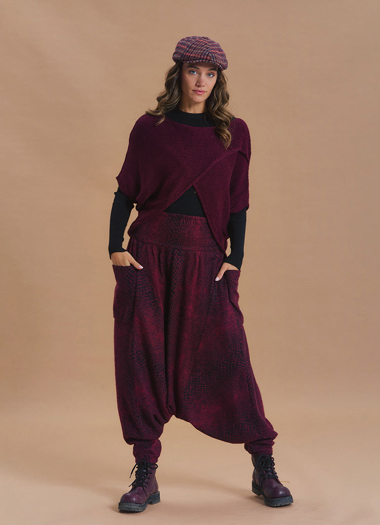 Shirred Waist Pocket Detail Burgundy Harem Pants