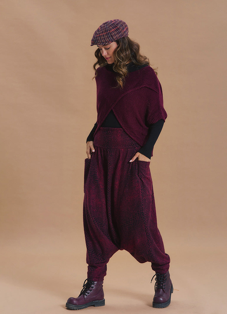 Shirred Waist Pocket Detail Burgundy Harem Pants