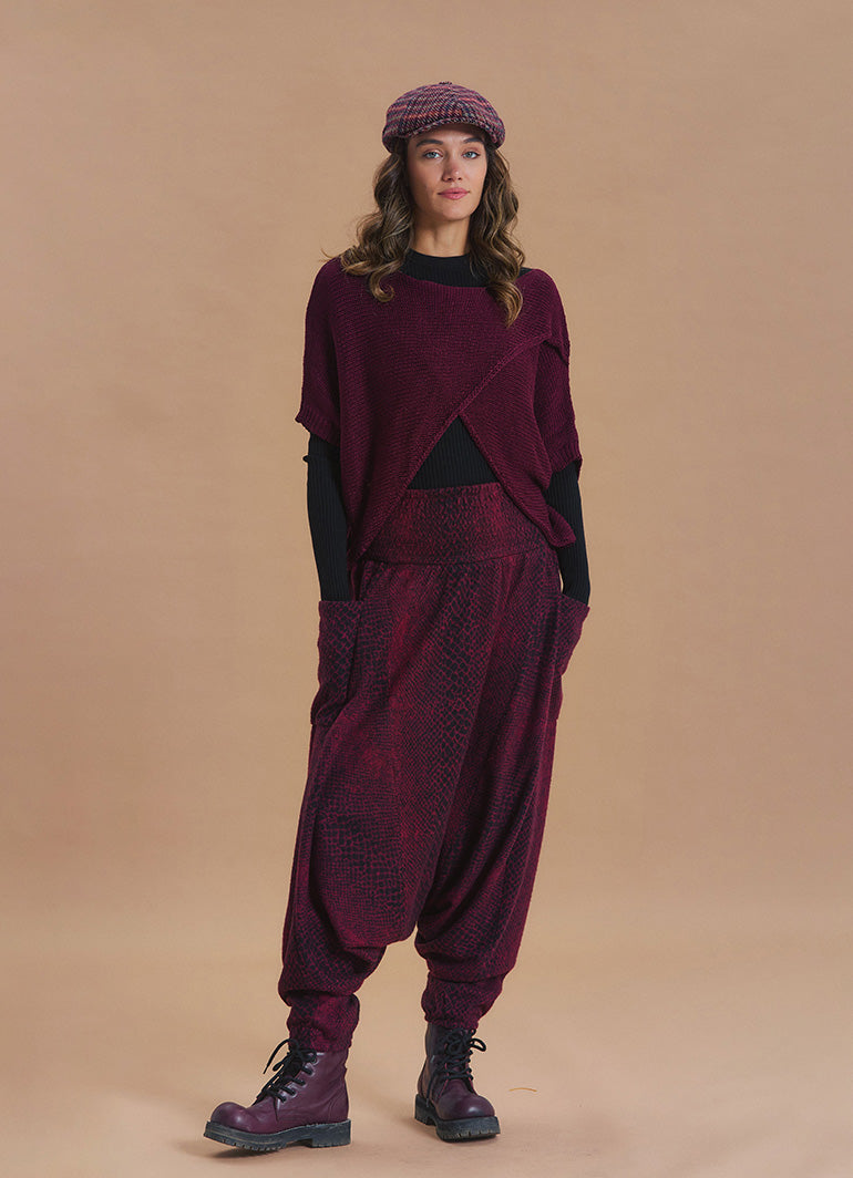 Shirred Waist Pocket Detail Burgundy Harem Pants