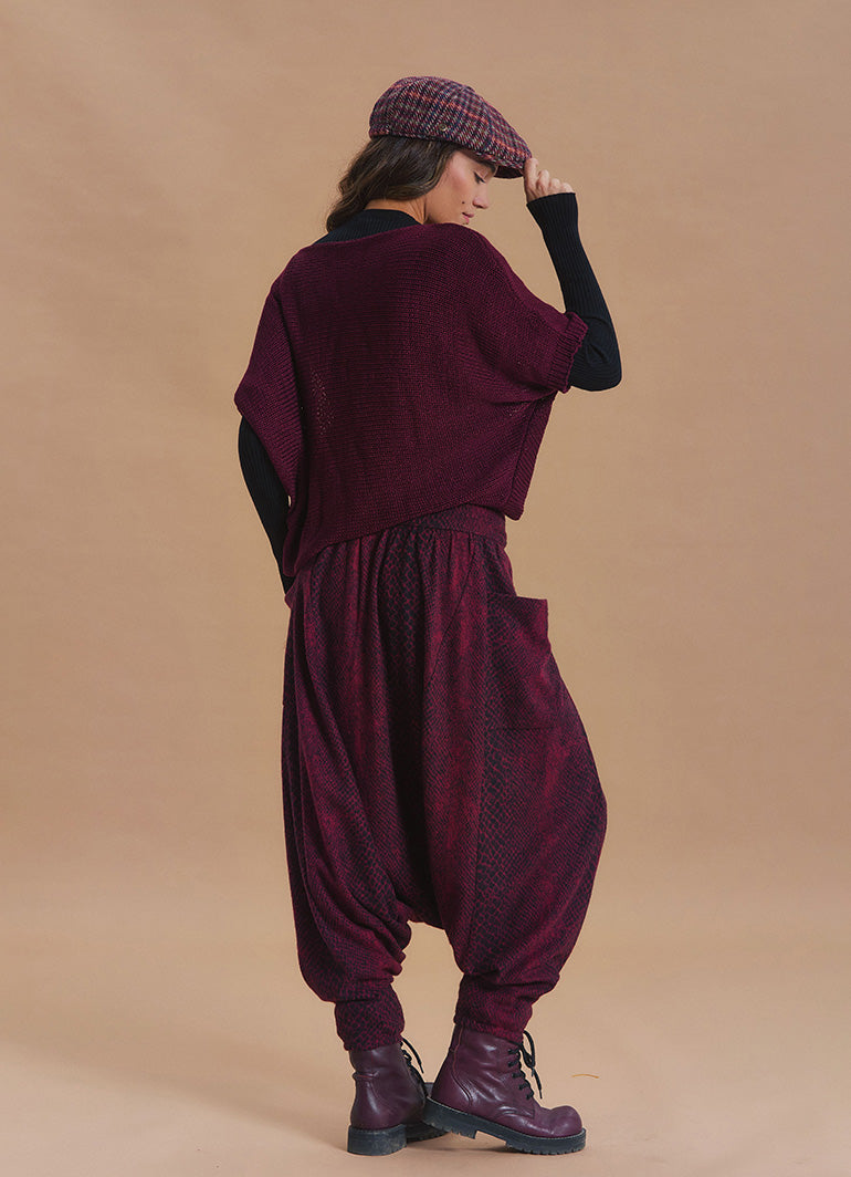 Shirred Waist Pocket Detail Burgundy Harem Pants