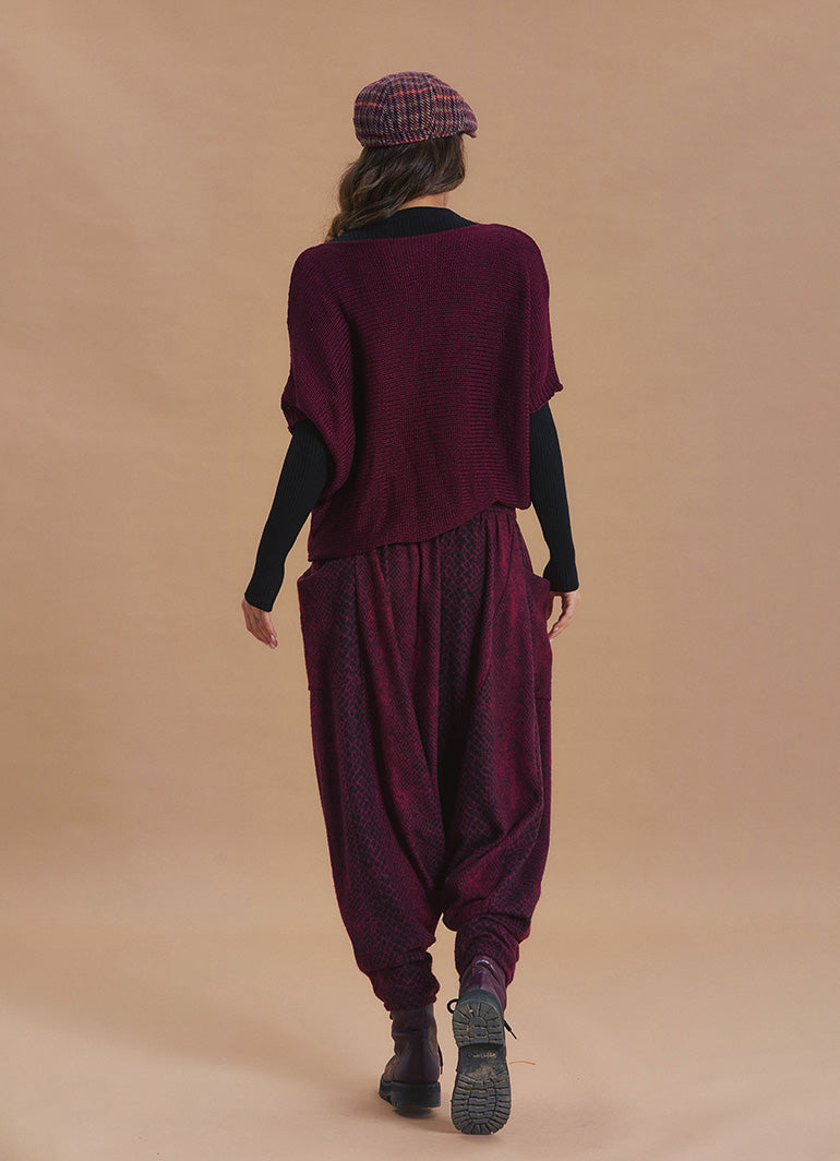 Shirred Waist Pocket Detail Burgundy Harem Pants