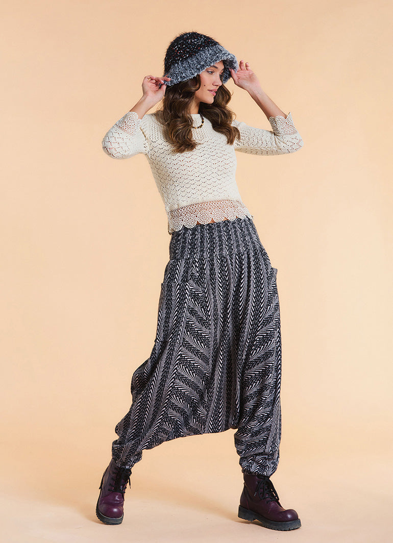 Shirred Waist Pocket Detail Grey Striped Harem Pants