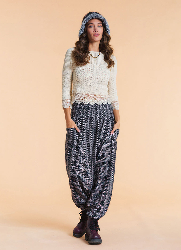 Shirred Waist Pocket Detail Grey Striped Harem Pants