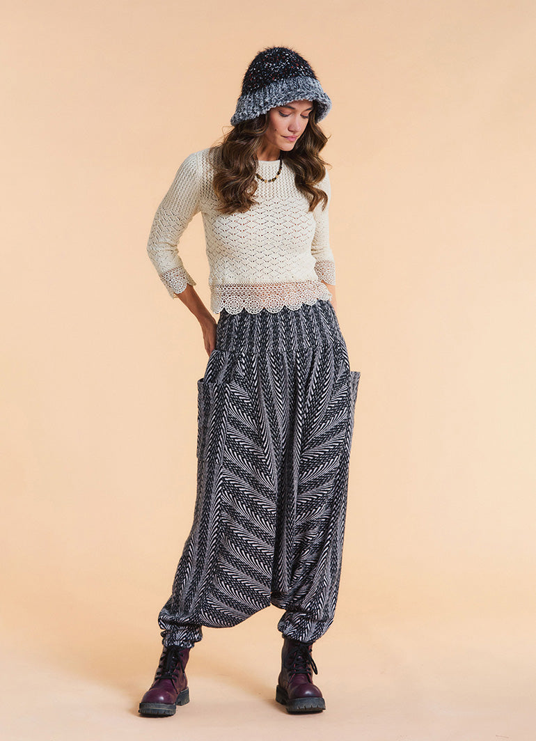 Shirred Waist Pocket Detail Grey Striped Harem Pants