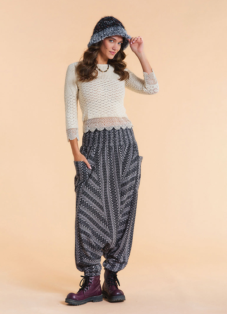 Shirred Waist Pocket Detail Grey Striped Harem Pants
