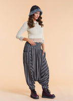 Shirred Waist Pocket Detail Grey Striped Harem Pants