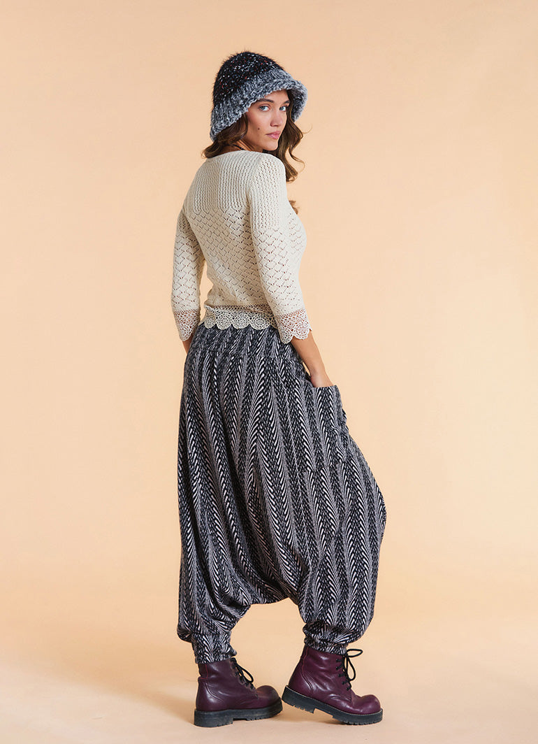 Shirred Waist Pocket Detail Grey Striped Harem Pants