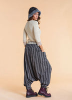 Shirred Waist Pocket Detail Grey Striped Harem Pants