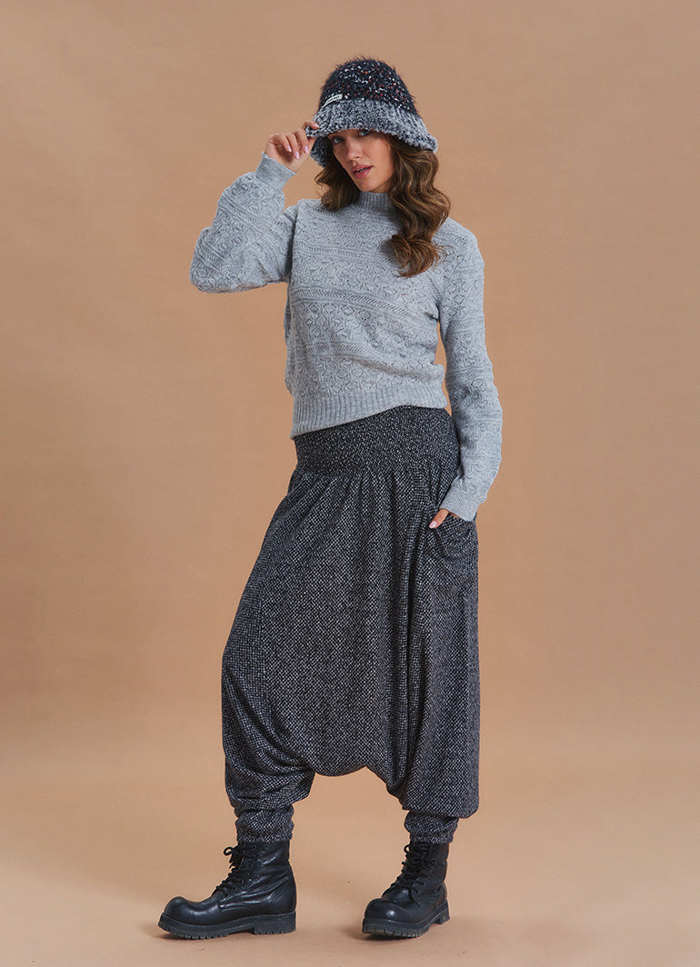 Shirred Waist Pocket Detail Grey Bohemian Harem Pants