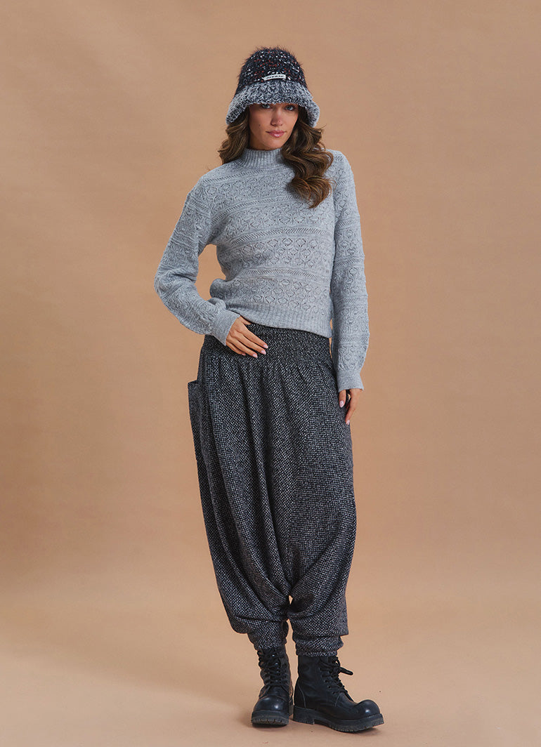 Shirred Waist Pocket Detail Grey Bohemian Harem Pants