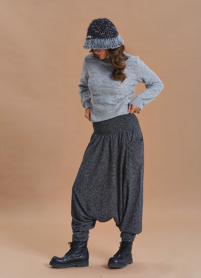 Shirred Waist Pocket Detail Grey Bohemian Harem Pants