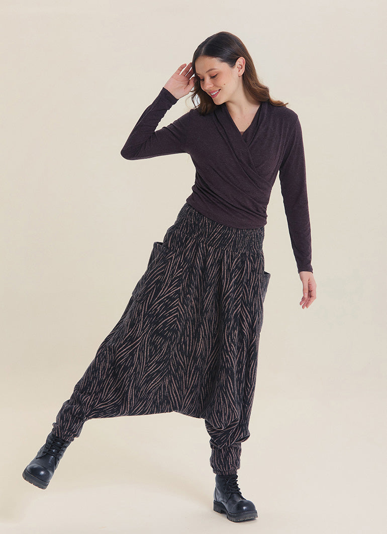 Wrap Neck Draped Brown Long Sleeve Blouse
