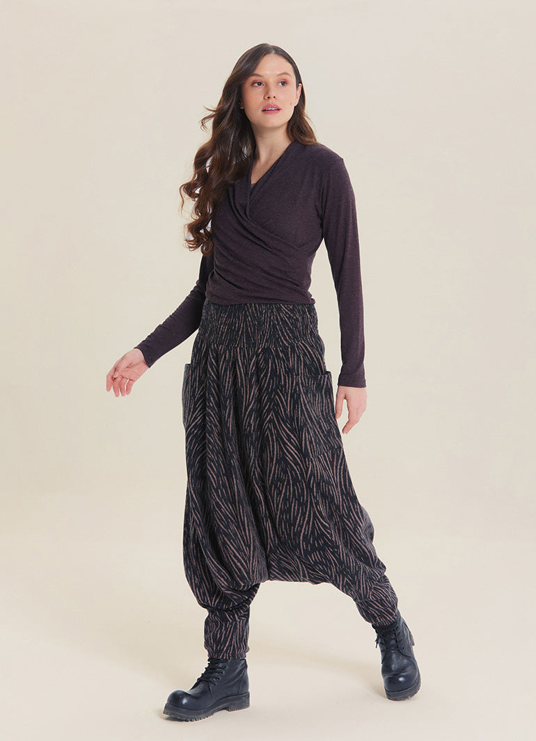 Shirred Waist Pocket Detail Brown Striped Winter Harem Pants