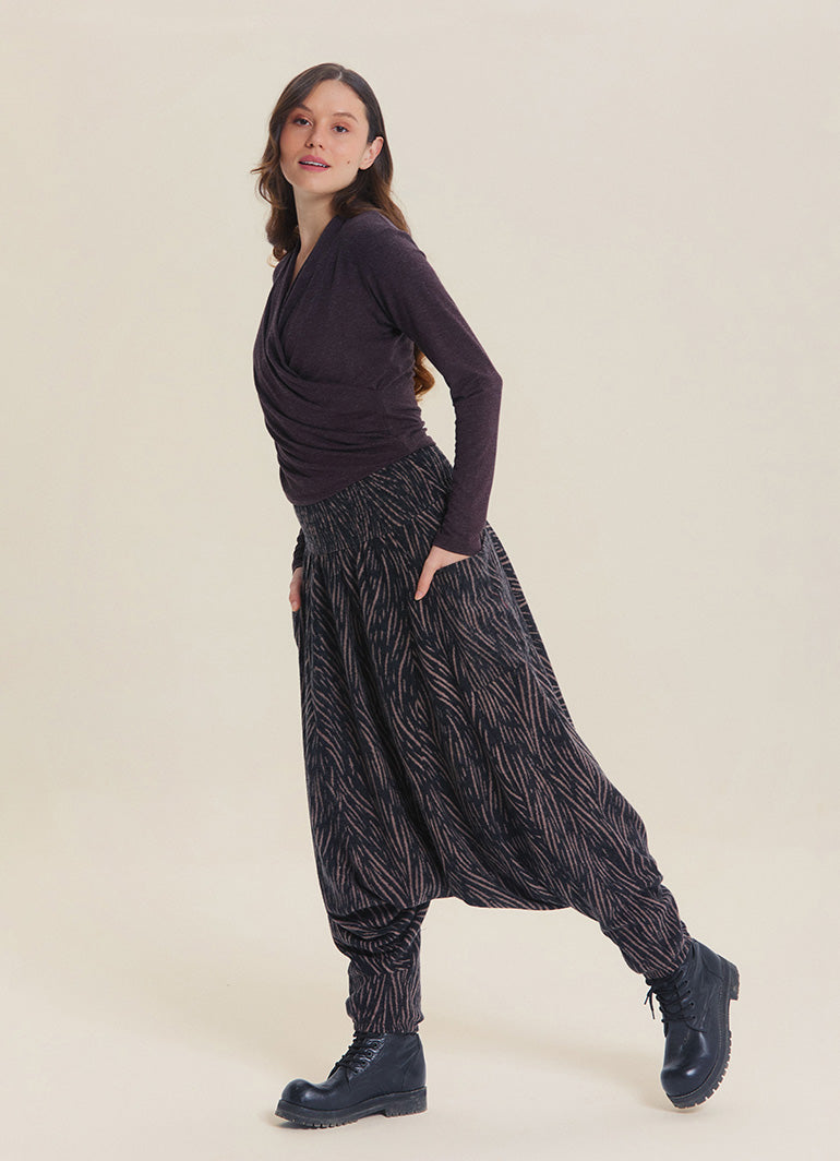 Shirred Waist Pocket Detail Brown Striped Winter Harem Pants