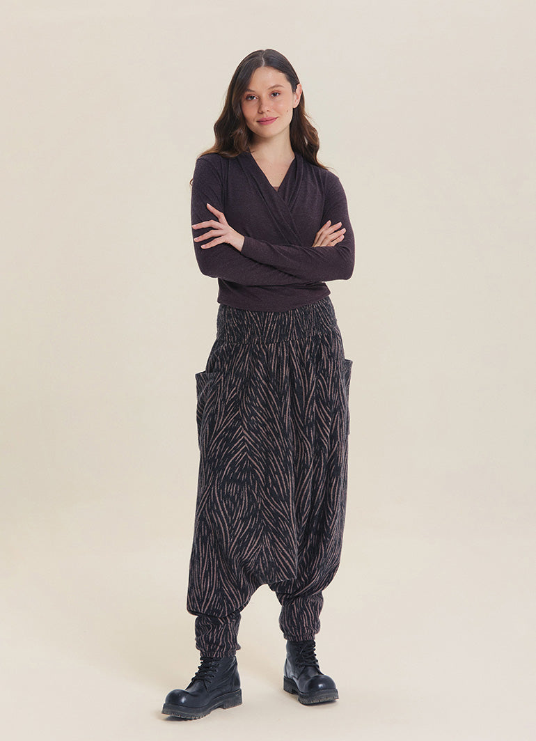 Shirred Waist Pocket Detail Brown Striped Winter Harem Pants