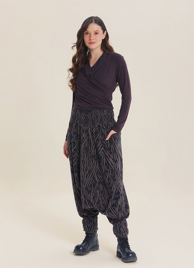 Shirred Waist Pocket Detail Brown Striped Winter Harem Pants