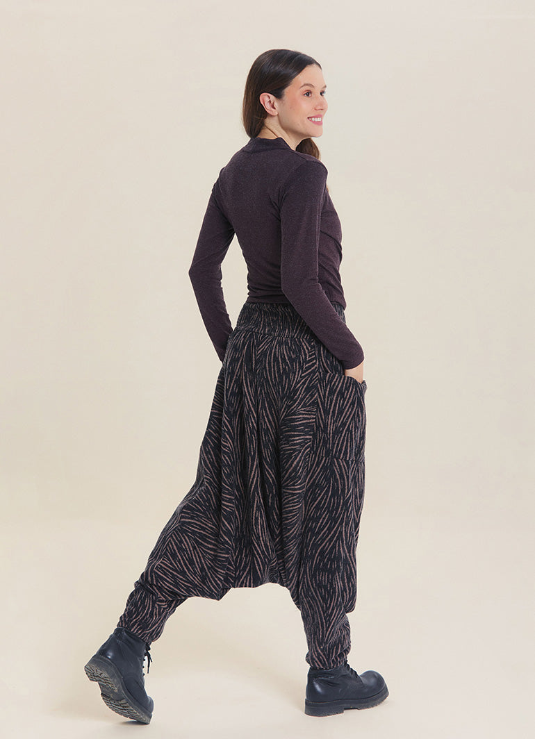 Shirred Waist Pocket Detail Brown Striped Winter Harem Pants
