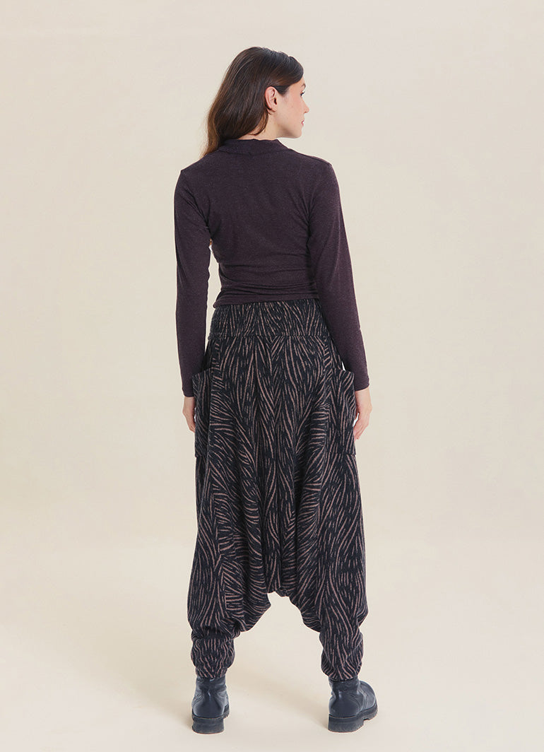 Shirred Waist Pocket Detail Brown Striped Winter Harem Pants