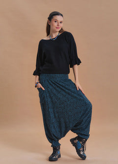 Shirred Waist Pocket Detail Teal Winter Harem Pants