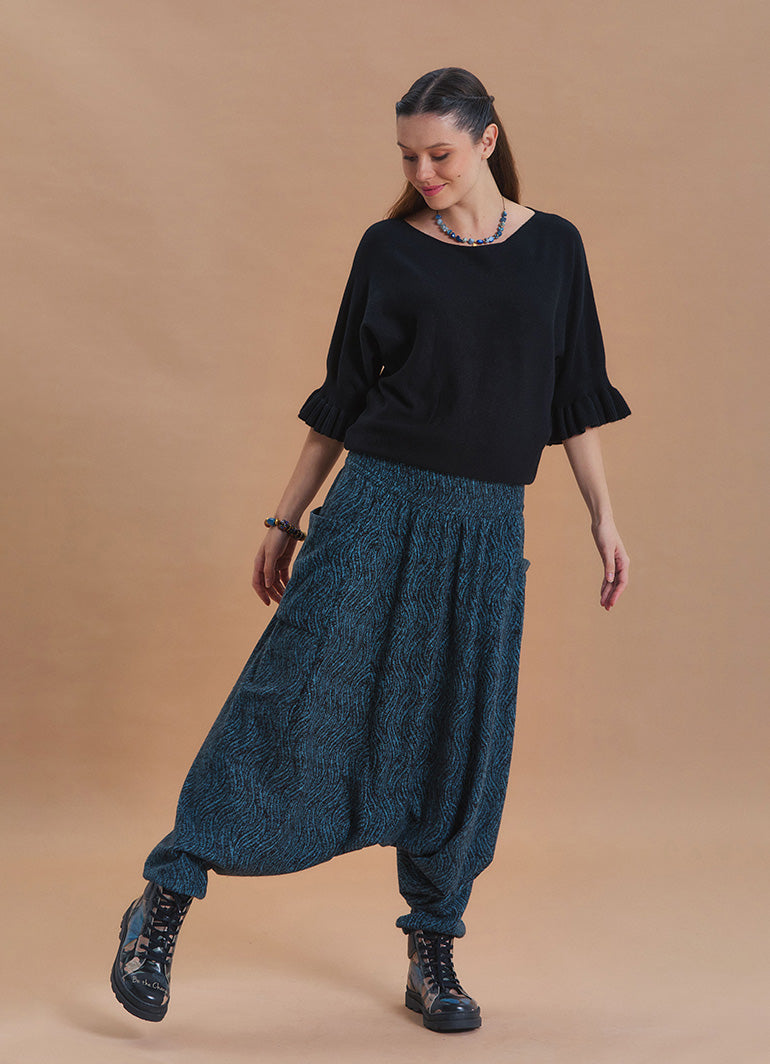Shirred Waist Pocket Detail Teal Winter Harem Pants