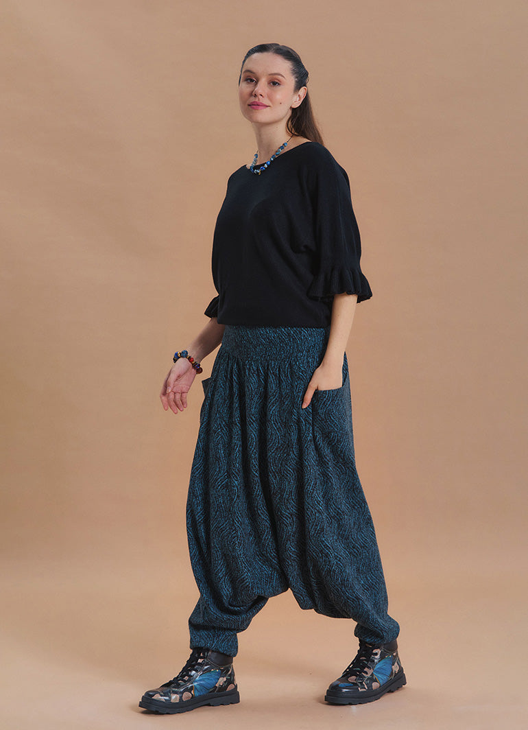 Shirred Waist Pocket Detail Teal Winter Harem Pants