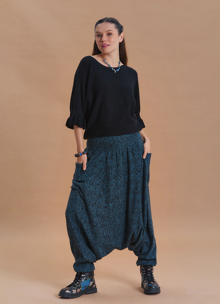 Shirred Waist Pocket Detail Teal Winter Harem Pants