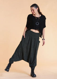 Shirred Waist Pocket Detail Green Winter Harem Pants