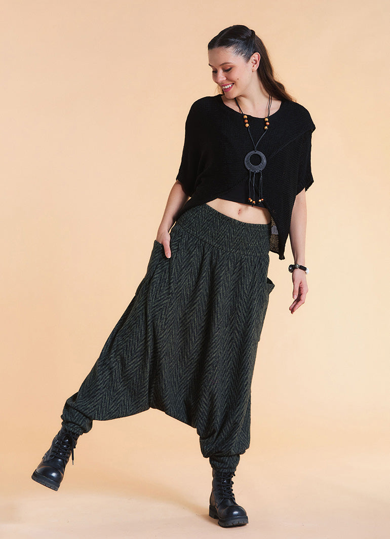 Shirred Waist Pocket Detail Green Winter Harem Pants