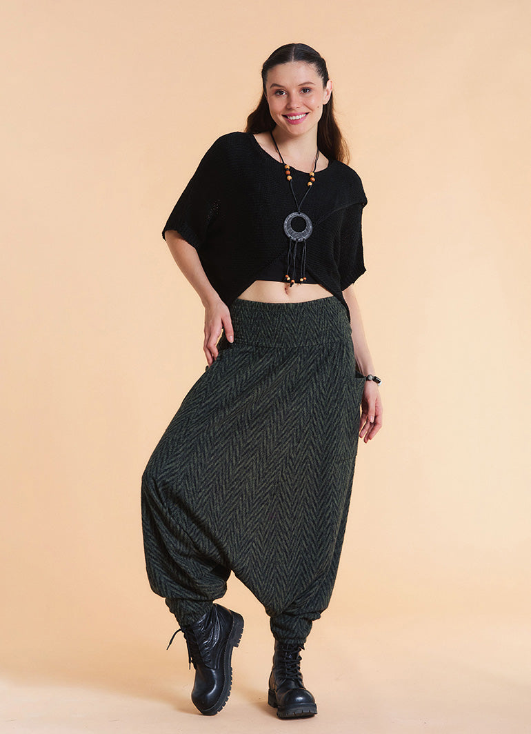 Shirred Waist Pocket Detail Green Winter Harem Pants