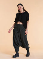 Shirred Waist Pocket Detail Green Winter Harem Pants