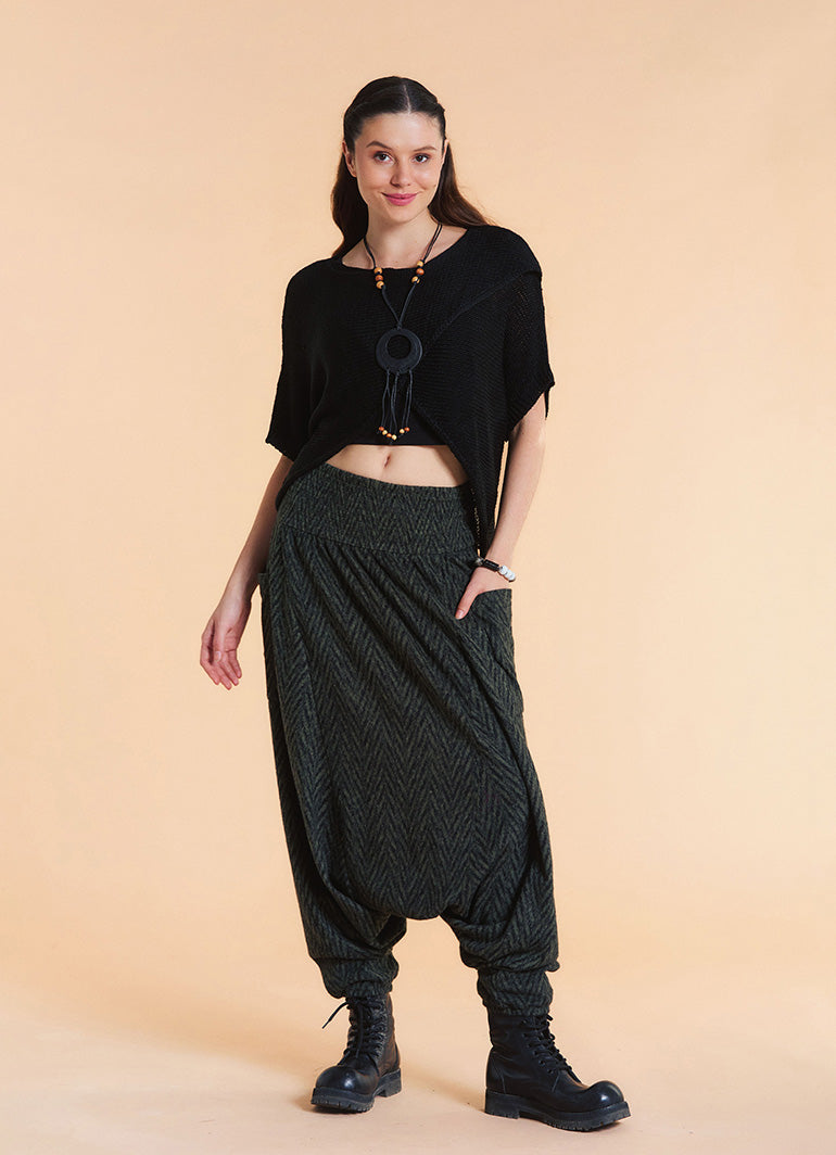 Shirred Waist Pocket Detail Green Winter Harem Pants