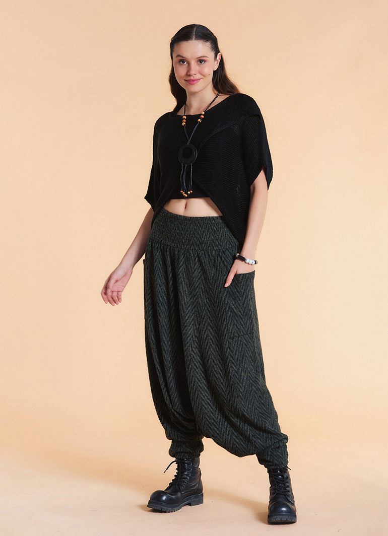 Shirred Waist Pocket Detail Green Winter Harem Pants