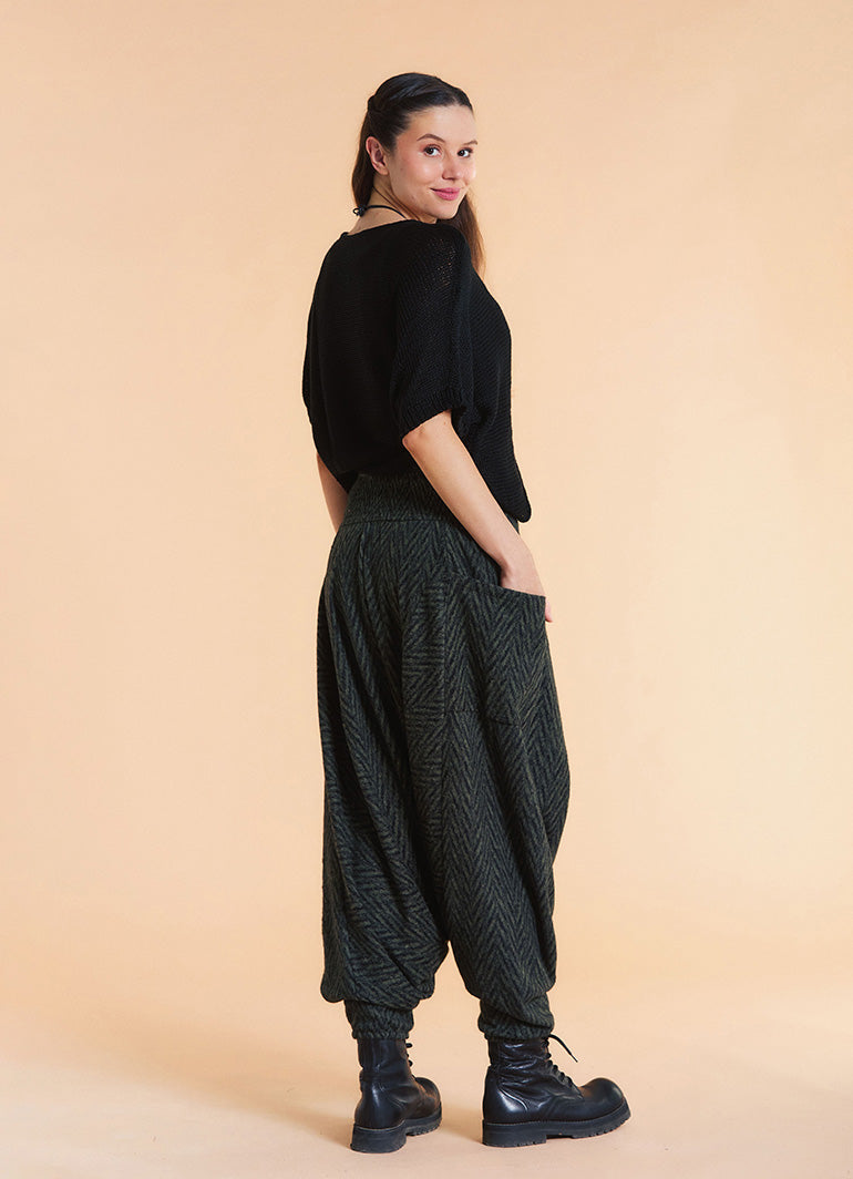 Shirred Waist Pocket Detail Green Winter Harem Pants
