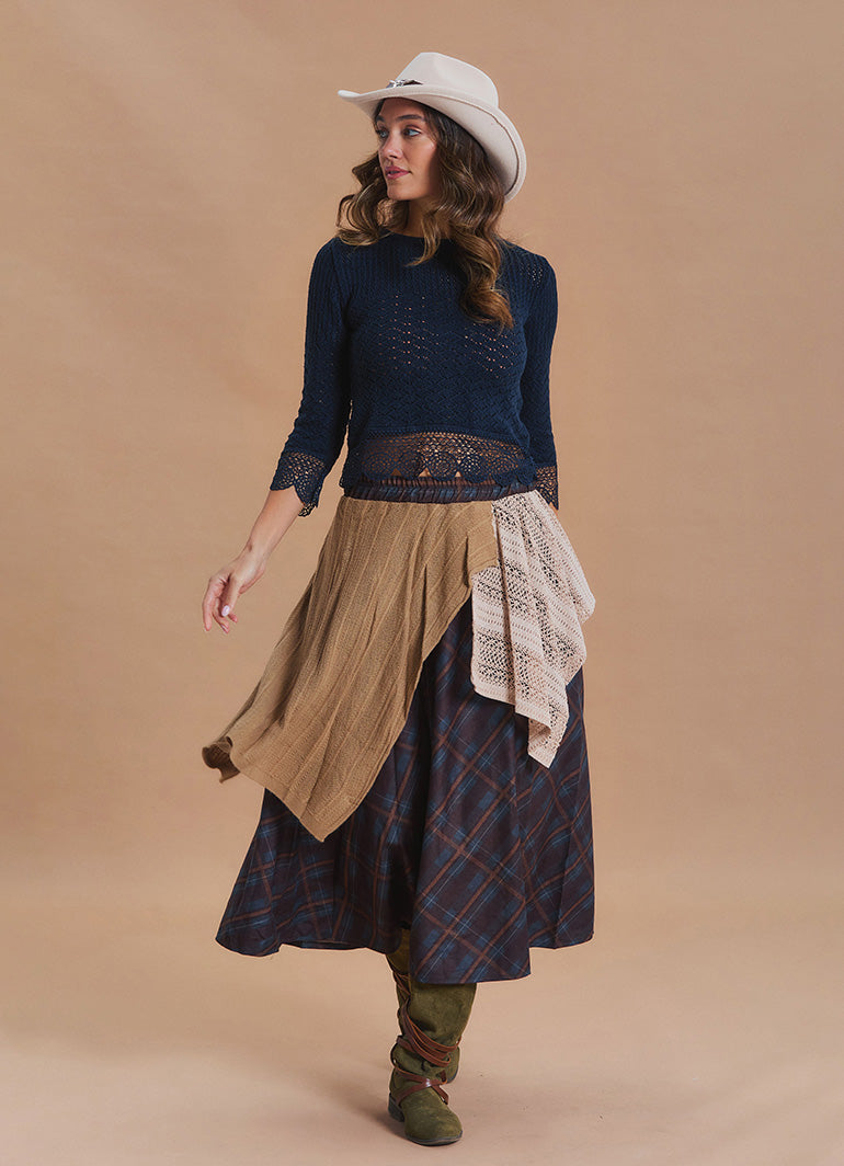 Elastic Waist Lace Detail Brown Plaid Long Skirt