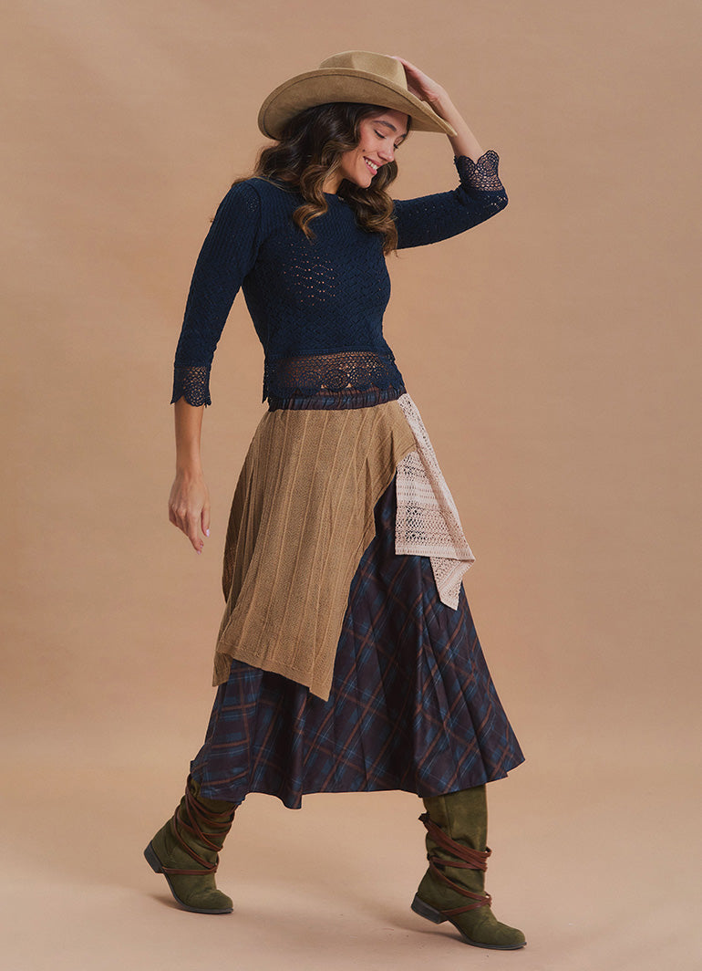 Elastic Waist Lace Detail Brown Plaid Long Skirt