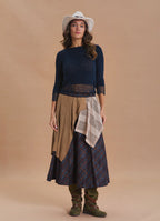 Elastic Waist Lace Detail Brown Plaid Long Skirt