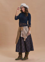 Elastic Waist Lace Detail Brown Plaid Long Skirt